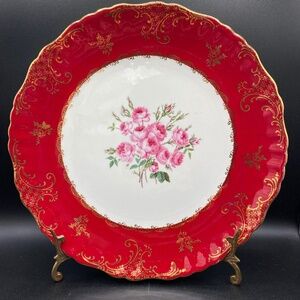 James Kent dinner plate red band, hand painted roses, gold details VTG 50's UK
